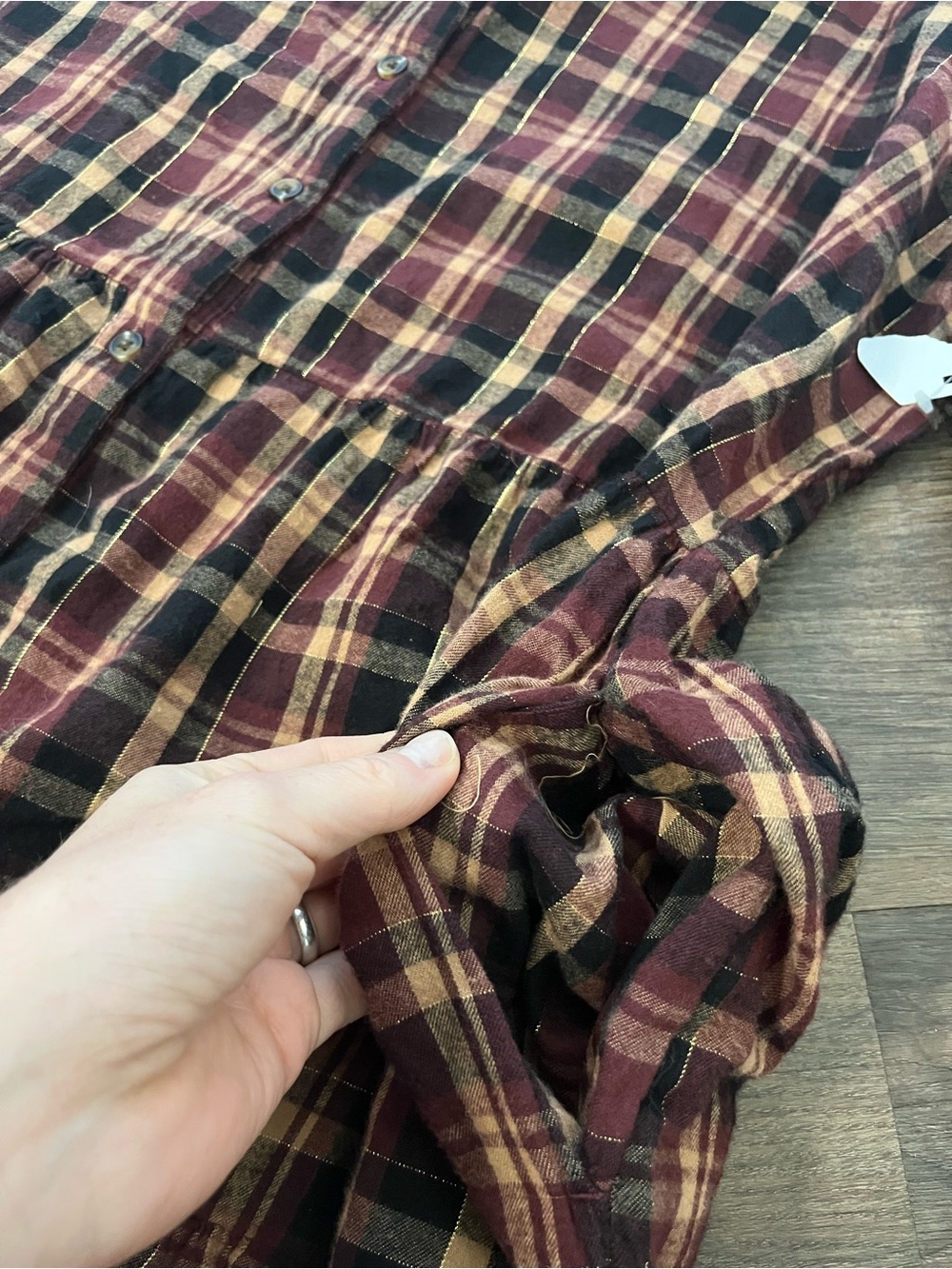 Time and Tru Burgundy & Brown Plaid Tiered Long-Sleeve Shirtdress Prairie - Picture 6 of 13